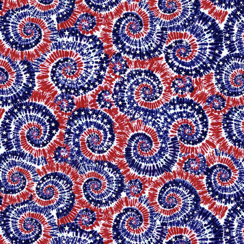 Red White Blue Patriotic Tie Dye Swirls and Stars Fabric Timeless Treasures