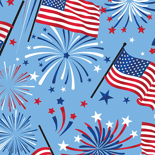 Benartex Fabric - Patriotic Flage Fireworks Blue 14150.54