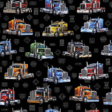 Heavy Metal Big Rigs by QT Fabrics  Black 30704 -J