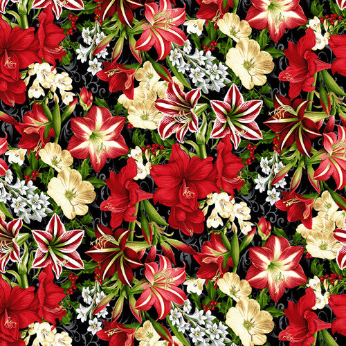 'Tis the Season Main Floral Amarylis  7691-99 Black