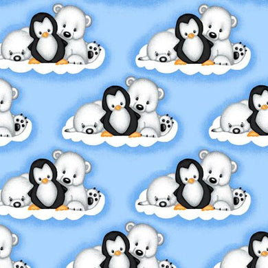 Flannel - Polar Bear Penguin on Blue Flannel Fabric 1055-11
