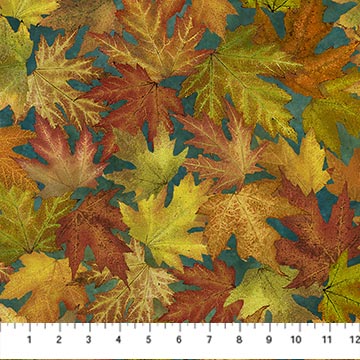 Autumn Splendor Dark Teal Allover Leaves Fabric DP26682-68