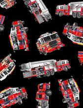 Load image into Gallery viewer, Fire and Rescue Tossed Fire Trucks Fire-C7733-Black by Timeless Treasures