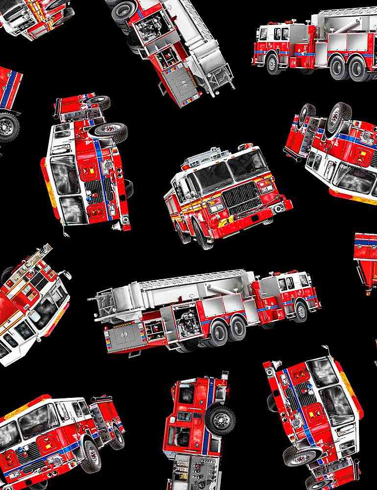 Fire and Rescue Tossed Fire Trucks Fire-C7733-Black by Timeless Treasures