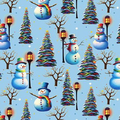Frostykins Lt. Blue Snowmen with Lamposts and Trees Fabric BQI4268-70