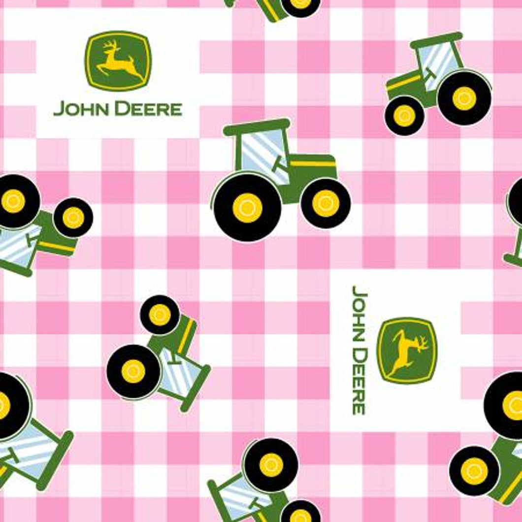 Pink Plaid Background  Green Tractor Gingham Fabric - 76481-