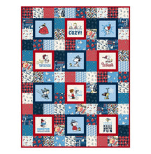 Load image into Gallery viewer, Patchwork quilt with cartoon characters and text in red, blue, and white on a white background