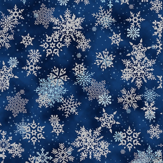 Cotton Snowflakes Snow Winter Christmas Weather Seasonal Holiday Navy Metallic Cotton Fabric Print (V7165-19.5-NAVY/SILVER)