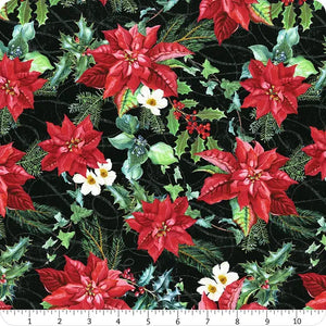 Holiday Splendor Black Crimson Blooms Yardage # 54063-1