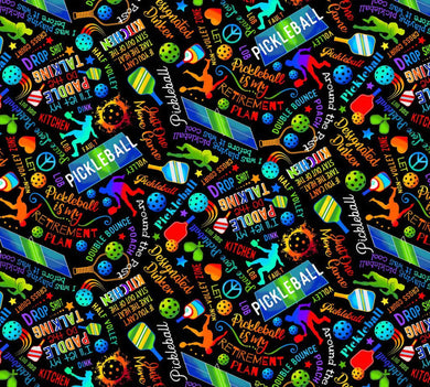 Timeless Treasures Pickleball-  Black background fabric CD3016