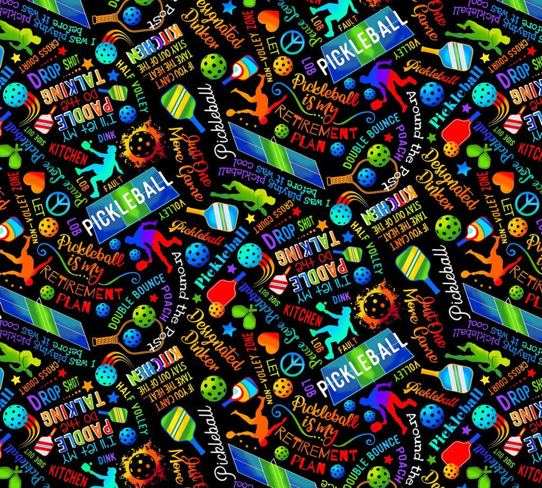 Timeless Treasures Pickleball-  Black background fabric CD3016