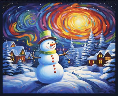 Frostykins Blue Snowman with Village Panel 36″  BQI4275P-75
