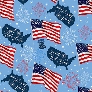 One Nation Blue Tossed Words USA Fabric   111-78