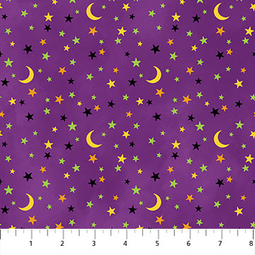Purple fabric with green, yellow, green and white stars and crescent moons Gnomes Night Out 24664-99 by Northcott Fabrics