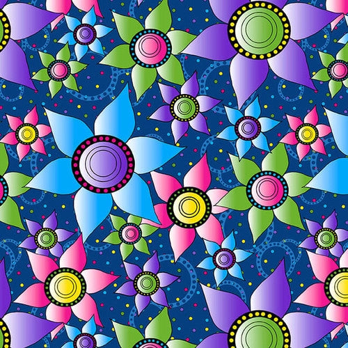 Blank Quilting Flower Power 2626 22 Flowers and Dots Navy Fabric