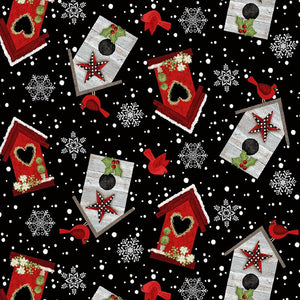 Snow Place Like Home Flannel F5706-98 Black Tossed Bird Houses