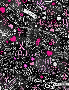 Pink Ribbon Quilt Fabric - Breast Cancer Chalkboard in Black- GAIL-C8408 BLACK