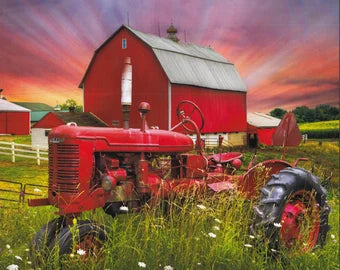 Red Tractor and Barn in Sunset Gold Panel  AL-3871-1C-1