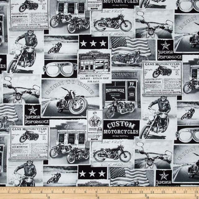 Timeless Treasures Vintage Motorcycles News Fabric - ERA C3646
