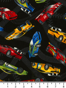 Race Cars Racing Car Toss Black Cotton Fabric Timeless Treasures C5401