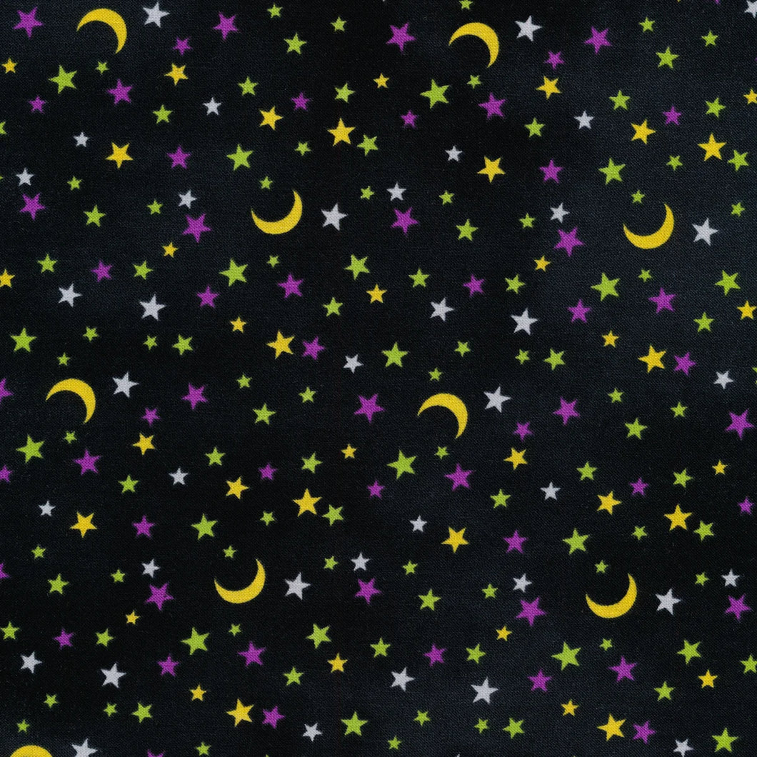  Black fabric with green, yellow, purple and white stars and crescent moons Gnomes Night Out 24664-99 by Northcott Fabrics