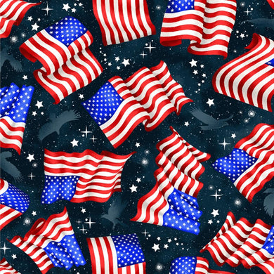 Red, White, and Blue from Oasis Fabrics #OA604581-Navy- Flags and Stars