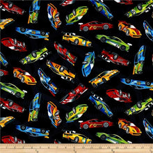 Load image into Gallery viewer, Race Cars Racing Car Toss Black Cotton Fabric Timeless Treasures C5401